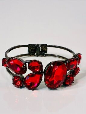 Bold Crimson Red Crystal Statement Cuff Clamper Bracelet - Women's Jewelry